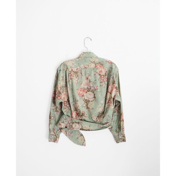 Vtg 80s 90s Ralph Lauren Dusty Green Floral Print Wrap Top + Midi Skirt Set XS 2 - Picture 3 of 8